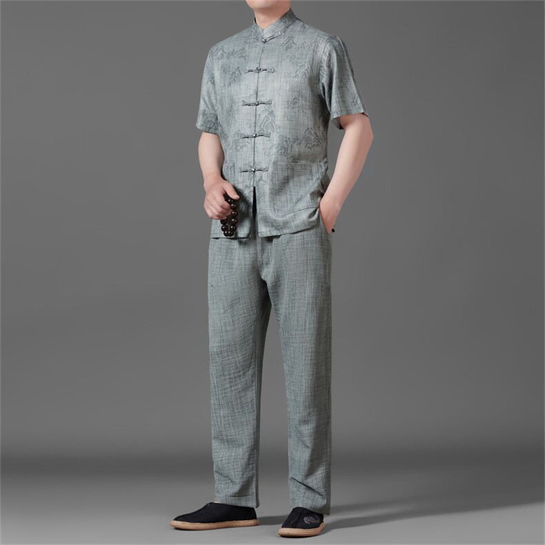 男士新款唐装男短袖夏季棉麻中老年爸爸中式中山装亚麻老人套装，男装T恤，钱塘6003B