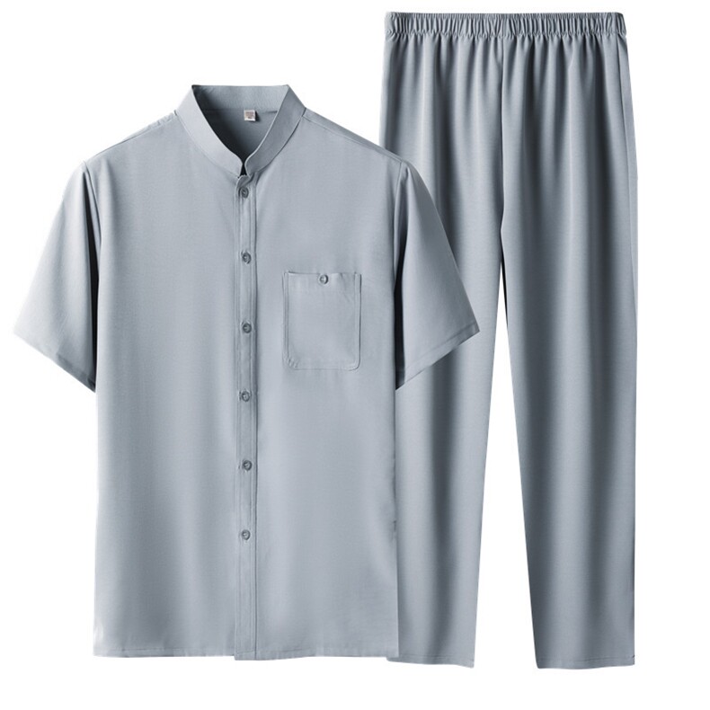 中老年风唐装冰丝短袖衬衫套装男士夏装宽松立领爷爷衣服套装，男装中老年男装，钱塘723