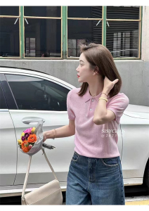 德国扬子纱细羊毛短袖女POLO衬衣领夏季薄款百搭针织T恤半袖上衣图片