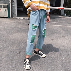 网红ins男女绿色破洞牛仔裤chic韩版潮流港味九分裤N/，男装牛仔裤，电商D202