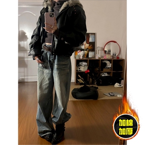 现货冬季美式潮牌痞帅PU皮机车服棉衣毛毛绒狼王座山雕皮棉服图片