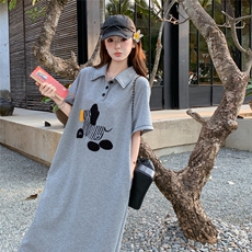 印花翻领短袖连衣裙女2025夏季韩系慵懒风气质宽松显瘦直筒长裙，女装连衣裙，2C113