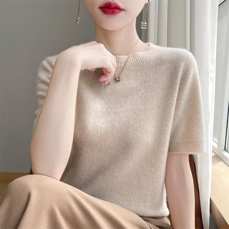 圆领短袖针织女纯色短袖简约百搭宽松套头上衣,针织衫/毛衣,戎洋