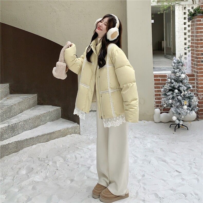 奶黄色蕾丝花边羽绒服女2025冬季新款韩系超好看加厚90白鸭绒外套,女装羽绒服,2C056