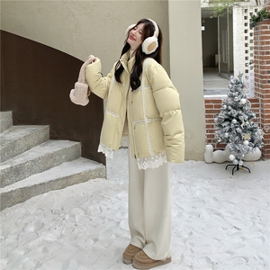 奶黄色蕾丝花边羽绒服女2025冬季新款韩系超好看加厚90白鸭绒外套图片