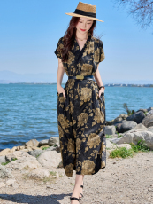 年轻妈妈夏装连衣裙2025新款中老年女装贵夫人夏季印花收腰裙子，女装连衣裙，简古