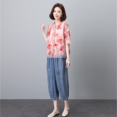 优雅复古印花短袖上衣+宽松牛仔裤套装女夏装新款时尚两件套，女装套装/套裙，叶笙衣