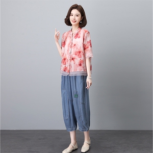 优雅复古印花短袖上衣+宽松牛仔裤套装女夏装新款时尚两件套图片