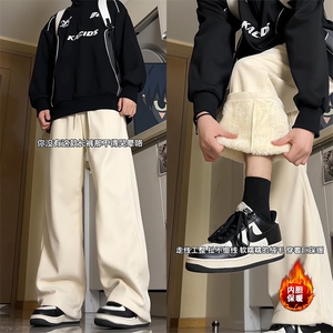 黑色灯芯绒运动卫裤男款秋冬加绒加厚保暖阔腿裤超厚羊羔绒长裤子图片