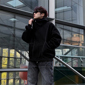 抖音得物高品质秋冬美式高街重磅结构辑明线纹理连帽卫衣外套W111图片