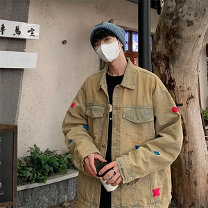 F644P78网红美式街头黄泥水洗做旧复古牛仔衣男女宽松夹克外套图片