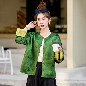 高级感绿色新中式国风提花短外套女2025春秋新款显瘦圆领休闲上衣图片