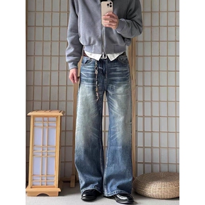 26新款复古水洗做旧cleanfit牛仔裤男宽松直筒潮牌痞帅微喇裤子图片