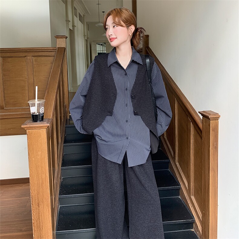 2025秋冬新款条纹衬衣+马甲阔腿裤三件套装2553款P195-K278,女装套装/套裙,浙宝301