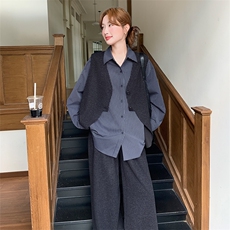 2025秋冬新款条纹衬衣+马甲阔腿裤三件套装2553款P195-K278，女装套装/套裙，浙宝301