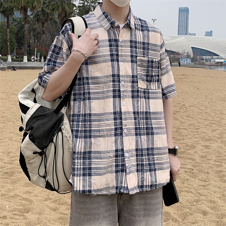 港风格子衬衫男春夏季内搭复古宽松破洞纹短袖潮衬衣外套7222P45,男装衬衫,电商A056