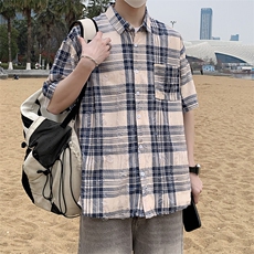 港风格子衬衫男春夏季内搭复古宽松破洞纹短袖潮衬衣外套7222P45，男装衬衫，电商A056