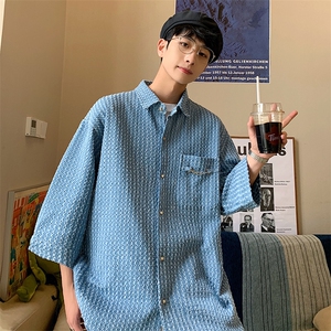1港风金属装饰镂空牛仔衬衫男七分袖大码潮长袖CCS8078P50控75图片