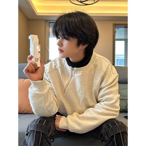 金属侧拉链头拼接套头卫衣男春秋冬款圆领纯色宽松休闲百搭卫衣图片