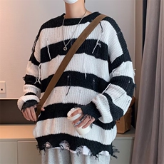 欧美高街潮牌ins条纹毛衣男设计感秋冬美式破洞针织衫M695-P42，男装针织衫/毛衣，星座512-3
