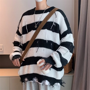 欧美高街潮牌ins条纹毛衣男设计感秋冬美式破洞针织衫 M695-P42图片