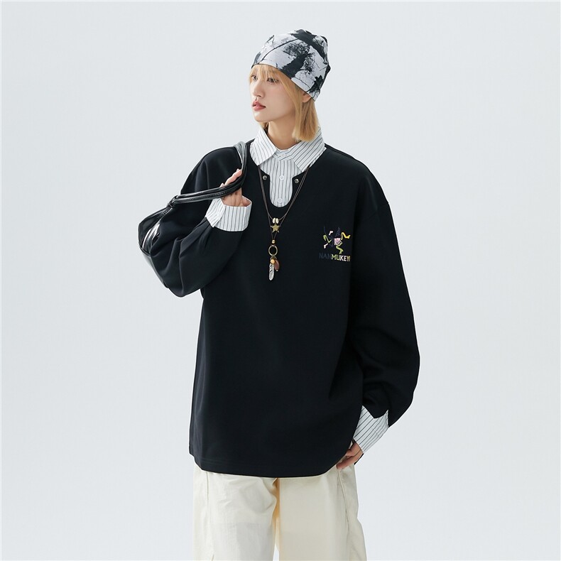 XZ230-1WY20秋中性风宽松简约轻奢休闲条纹刺绣假俩件卫衣P68控88，男装卫衣，星座230-1