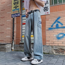 美式复古水洗牛仔裤男斜口袋夏季高街宽松裤子阔腿长裤8151-P45，男装牛仔裤，星座1001-1