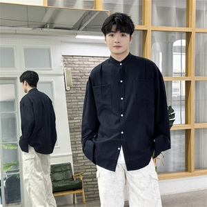 春季亚麻长袖衬衫男纯色宽松韩版潮流休闲上衣麻衬衣3419P45