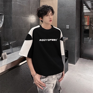 2025夏季美式宽松拼色短袖T恤潮撞色休闲半袖衫XZ808B-WH024-P40图片