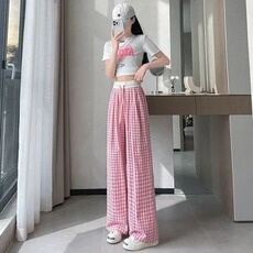 格子阔腿裤女夏季薄款小个子垂感宽松高腰休闲裤抽绳百搭拖地长裤，男装休闲裤，星座1210-1