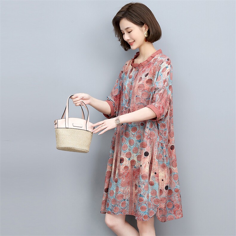 中年妈妈棉麻连衣裙女2025夏季新款宽松大码显瘦洋气印花亚麻裙子,女装连衣裙,悦见她