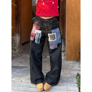 春秋季新款格子贴布设计牛仔裤男女宽松阔腿直筒长裤图片