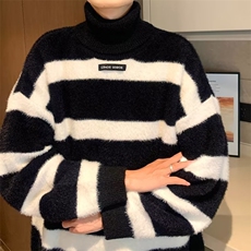 黑白条纹高领毛衣男女秋冬慵懒复古针织衫oversize情侣打底MY152，男装针织衫/毛衣，星座601-1