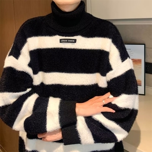 黑白条纹高领毛衣男女秋冬慵懒复古针织衫oversize情侣打底MY152图片