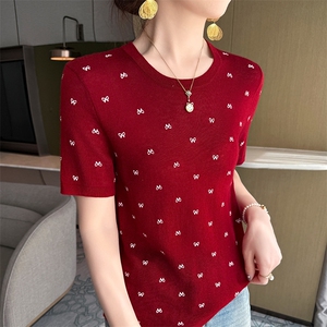 薄款细支精纺羊毛针织短袖女春夏圆领印花半袖套头内搭外穿T恤衫