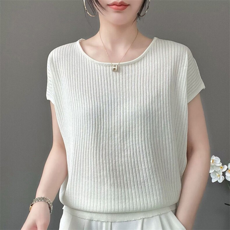 夏季女士简约百搭纯色时尚天丝鎏金沙圆领短袖,女装T恤,暖姿羊绒