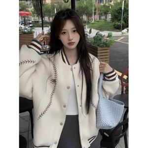 三彩尼满刺绣棒球棉服ins时尚新款慵懒气质日系文艺潮流JHT283
