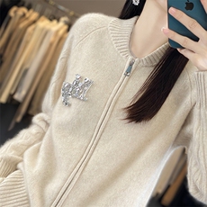 拉链开衫女圆领扭花镶钻棒球服针织外套宽松羊绒衫外搭，女装羊毛衫，暖烁羊绒