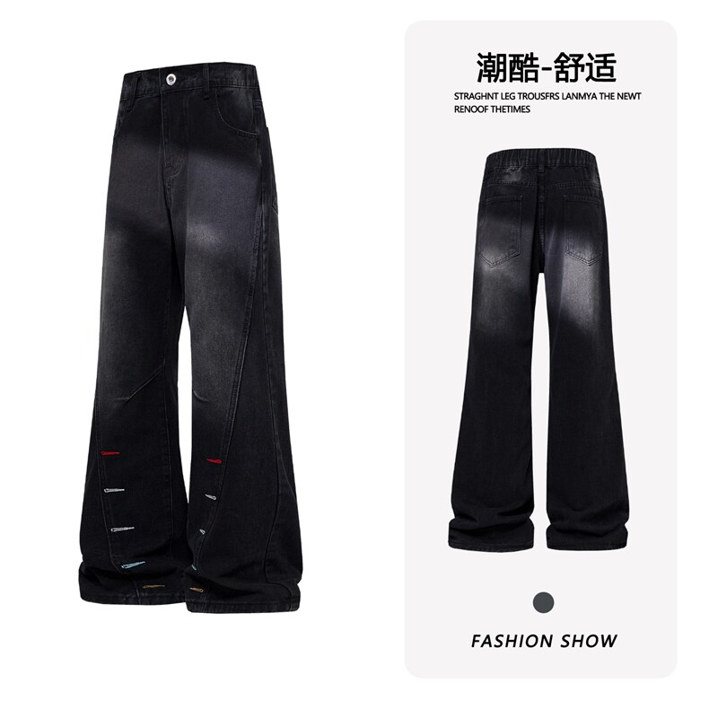 B221美式ins高街暗黑个性扣眼修身微喇牛仔裤LK26655-特P46控78,男装牛仔裤,电商B221