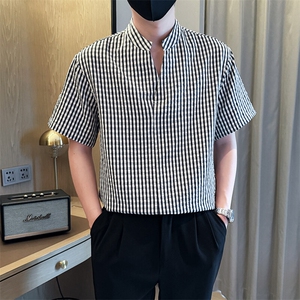 夏男立领格子衬衫男休闲宽松休闲衬衣小伙A236-82560-P60图片