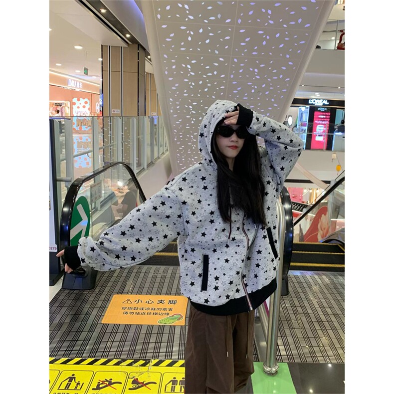 网图美式星星满印连帽华棉卫衣男女宽松拉链开衫外套A825-P52,女装短外套,星座1505