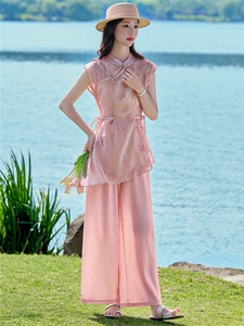 时尚洋气刺绣棉麻套装女2026夏季新款宽松遮肉衬衫领阔腿裤两件套图片