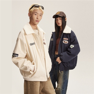 2025冬款翻领摇粒绒拼色绣标棉服-5661-228图片