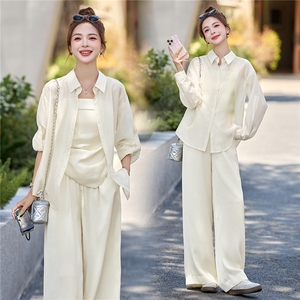 小香风时尚套装女2026新款洋气减龄夏季防晒衬衫吊带阔腿裤三件套图片