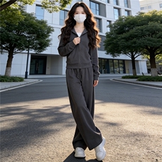 女春季新款时尚慵懒风套装灰色拉链开衫连帽长袖外套阔腿裤两件套，女装套装/套裙，江南