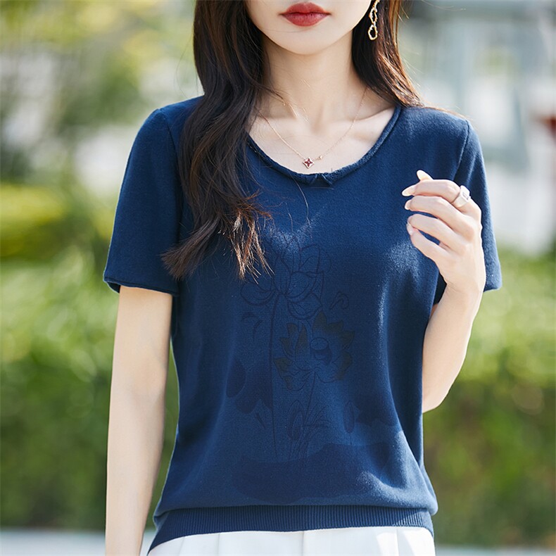 夏季新款女装纯棉短袖印花t恤女宽松文艺无色无味大码套头针织衫,针织衫/毛衣,斯美雅电商供货