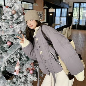 韩版学院风拼接短款保暖羽绒服女2025冬季新款显瘦加厚白鸭绒外套图片