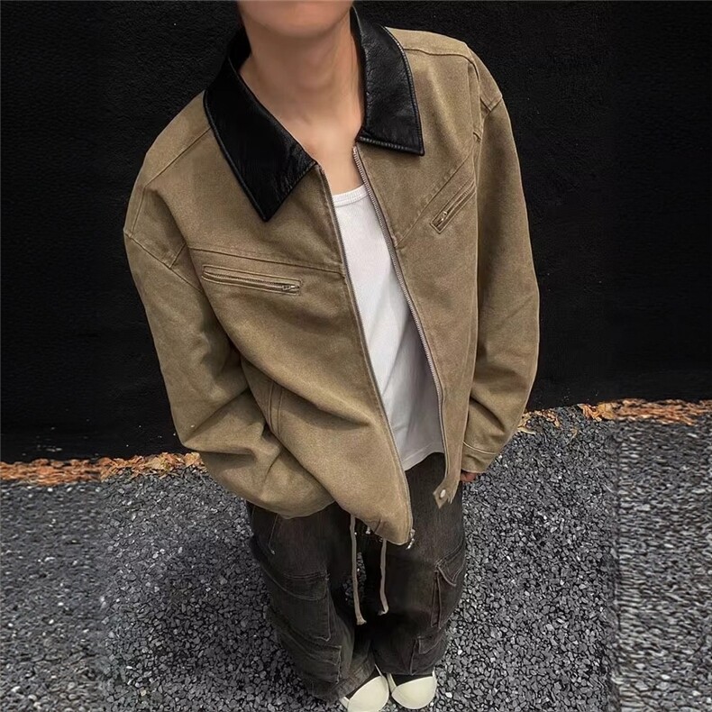 得物二开拼接翻领工装外套初秋水洗做旧夹克小众上衣JK1258-P70,男装夹克,星座1103-3