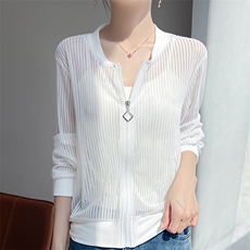 休闲轻薄网纱棒球服防晒衣女开衫镂空薄款透气长袖洋气防晒服外套，女装防晒衣，圣丽羊绒