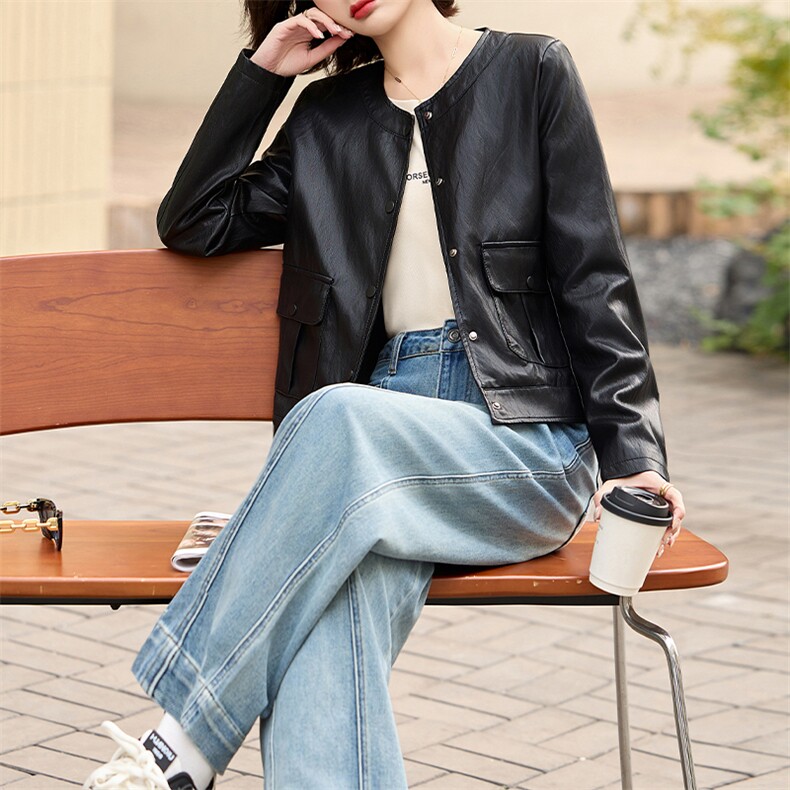 2025春秋季新款高级感质感长袖短款圆领pu皮衣夹克欧美时尚外套女,女装皮衣,美拉德工厂直营店